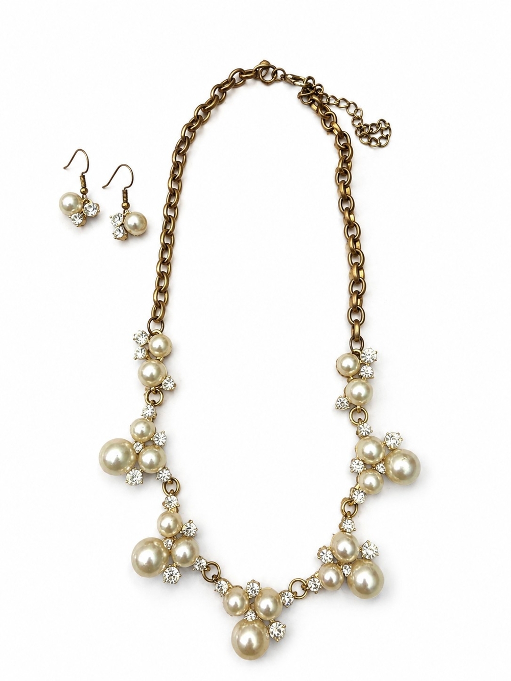 Pearl & Rhinestone Statement Necklace + Matching Drop Earrings Jewelry Set